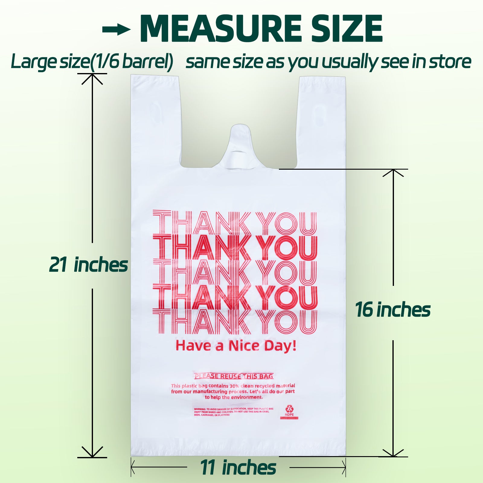 YovhVon 1050 Count Plastic Bags with Handles, T-Shirt bags, Thank You bag, Grocery bag, Shopping bag, for Small Business, White and Reusable, 1/6 Barrel, Large Size 11"x6"x21"