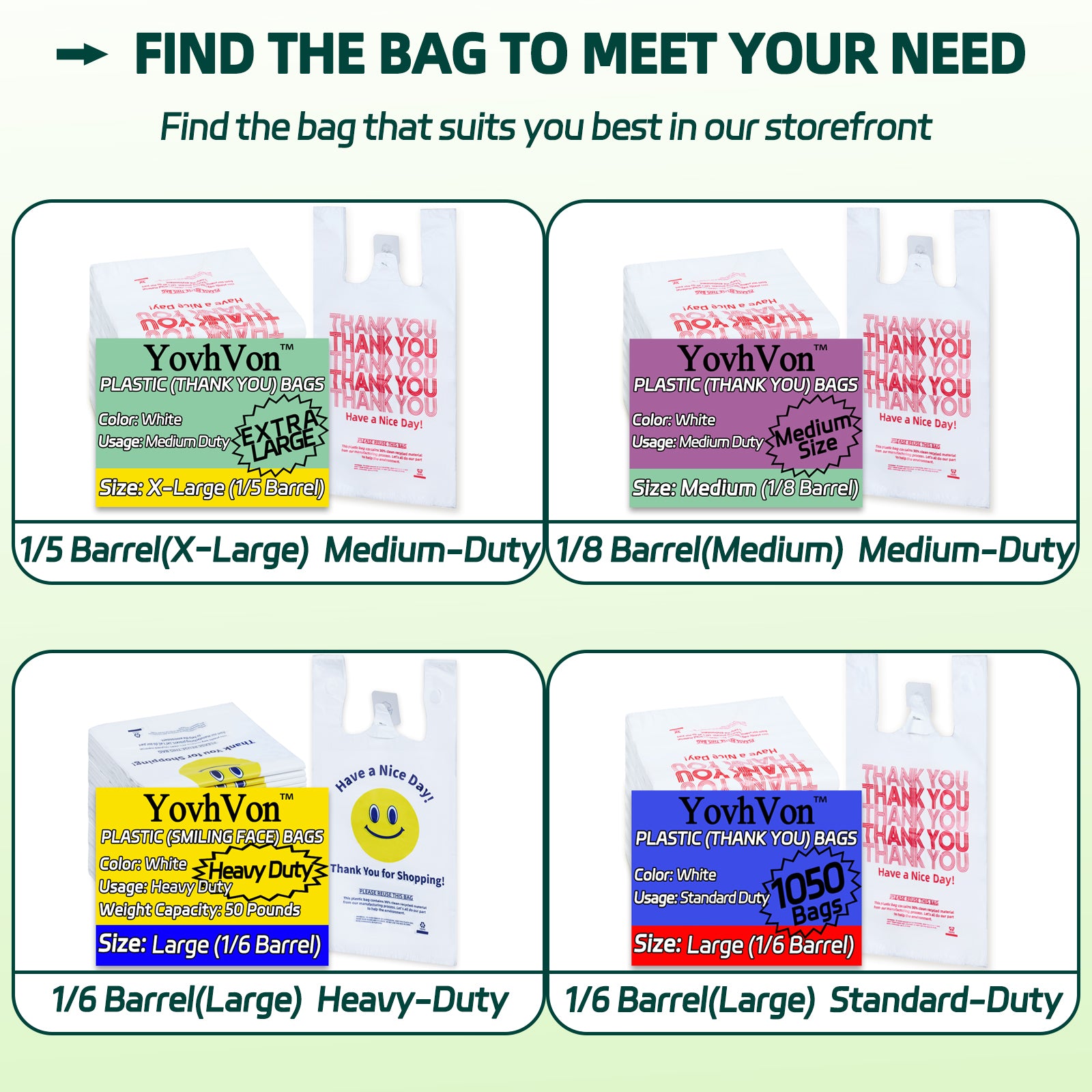 YovhVon 1050 Count Plastic Bags with Handles, T-Shirt bags, Thank You bag, Grocery bag, Shopping bag, for Small Business, White and Reusable, 1/6 Barrel, Large Size 11"x6"x21"